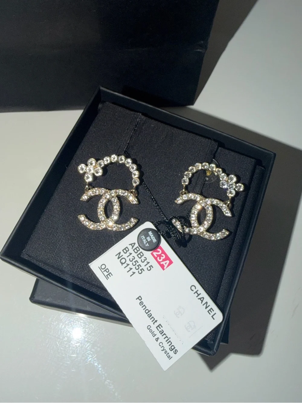 CHANEL Gold Crystal CC Pendant Earrings